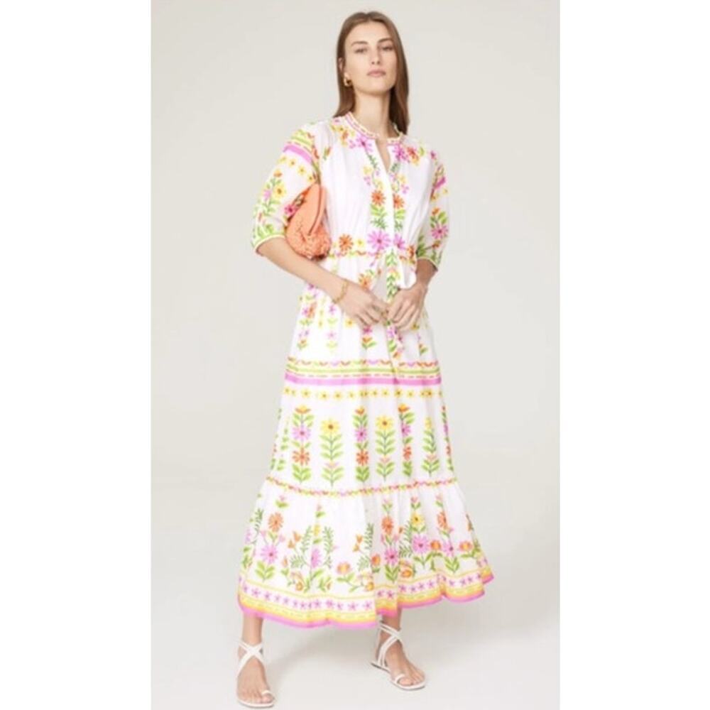 Banjanan Betty Dress 100% Cotton Floral Print Puff Sleeve Maxi White Multi S